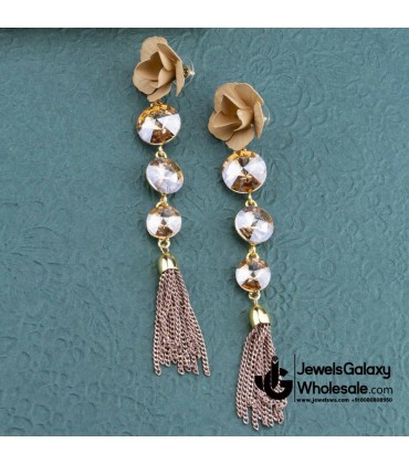 Beige Gold-Plated Handcrafted Floral Drop Earrings