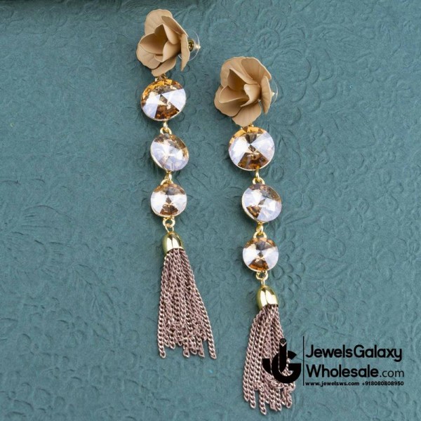 Beige Gold-Plated Handcrafted Floral Drop Earrings