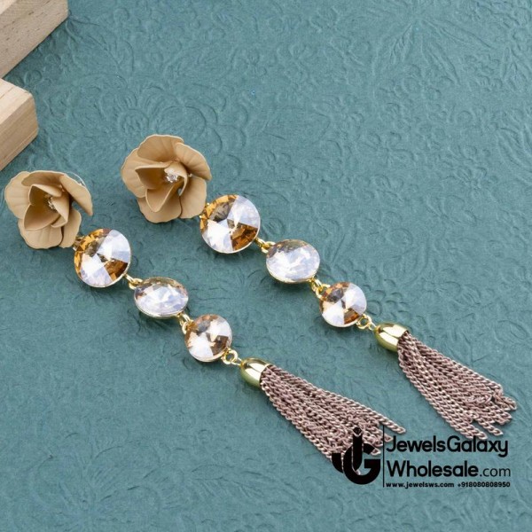 Beige Gold-Plated Handcrafted Floral Drop Earrings