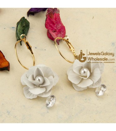 White Gold-Plated Handcrafted Floral Drop Earrings