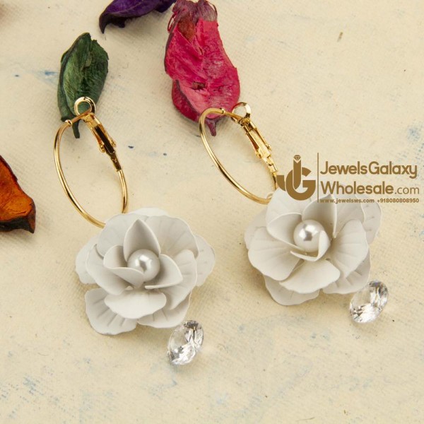 White Gold-Plated Handcrafted Floral Drop Earrings