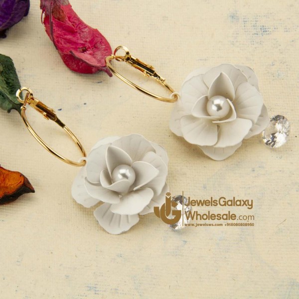 White Gold-Plated Handcrafted Floral Drop Earrings