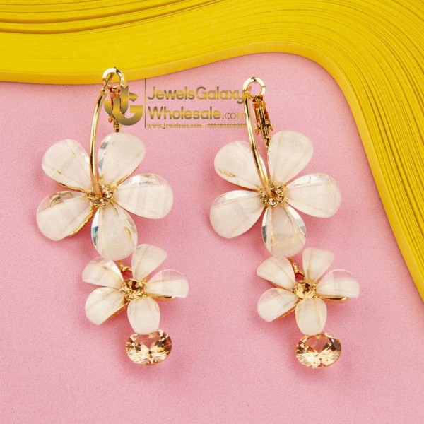 Off-White Gold-Plated Stone-Studded Handcrafted Floral Drop Earrings