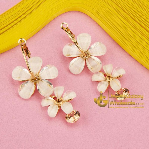 Off-White Gold-Plated Stone-Studded Handcrafted Floral Drop Earrings