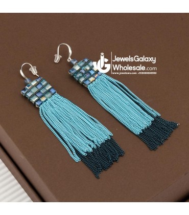 Blue Silver-Plated Beaded & Tasselled Handcrafted Contemporary Drop Earrings