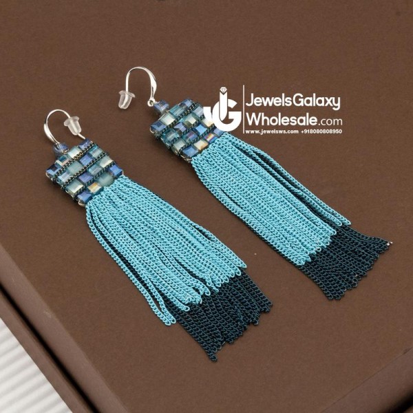 Blue Silver-Plated Beaded & Tasselled Handcrafted Contemporary Drop Earrings