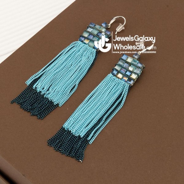 Blue Silver-Plated Beaded & Tasselled Handcrafted Contemporary Drop Earrings