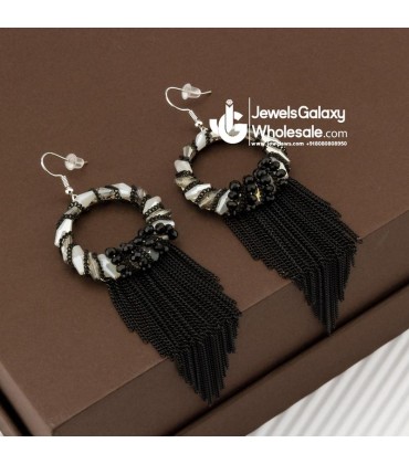 Black & Off-White Silver-Plated Beaded Handcrafted Circular Drop Earrings