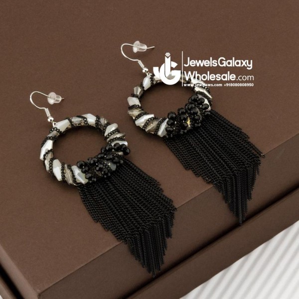 Black & Off-White Silver-Plated Beaded Handcrafted Circular Drop Earrings
