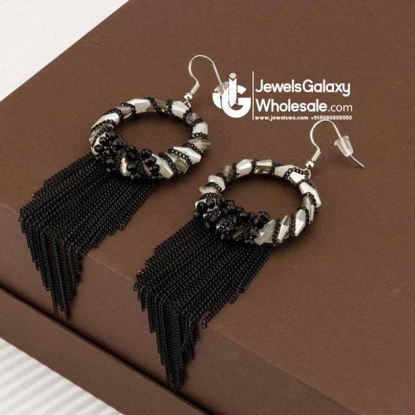 Black & Off-White Silver-Plated Beaded Handcrafted Circular Drop Earrings