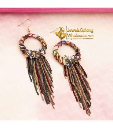 Multicoloured Gold-Plated Tasselled Handcrafted Circular Drop Earrings
