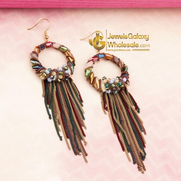 Multicoloured Gold-Plated Tasselled Handcrafted Circular Drop Earrings
