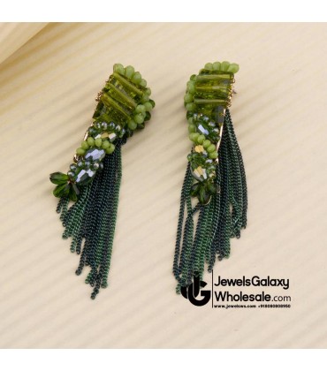 Green Gold-Plated Handcrafted Tasselled Drop Earrings