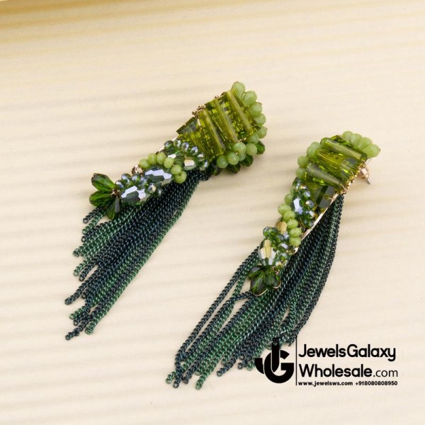 Green Gold-Plated Handcrafted Tasselled Drop Earrings