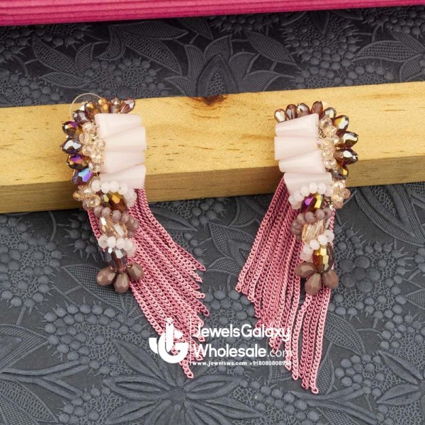 Pink & Mauve Beaded Tasselled Handcrafted Drop Earrings