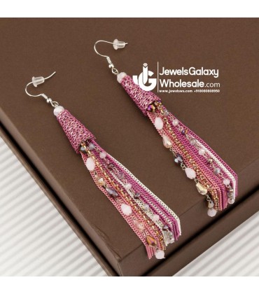 Pink Silver-Plated Beaded & Tasselled Handcrafted Contemporary Drop Earrings