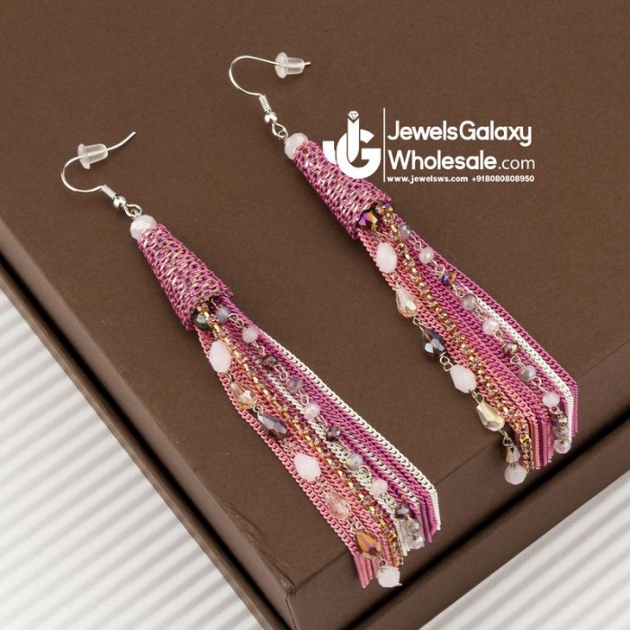 Pink Silver-Plated Beaded & Tasselled Handcrafted Contemporary Drop Earrings