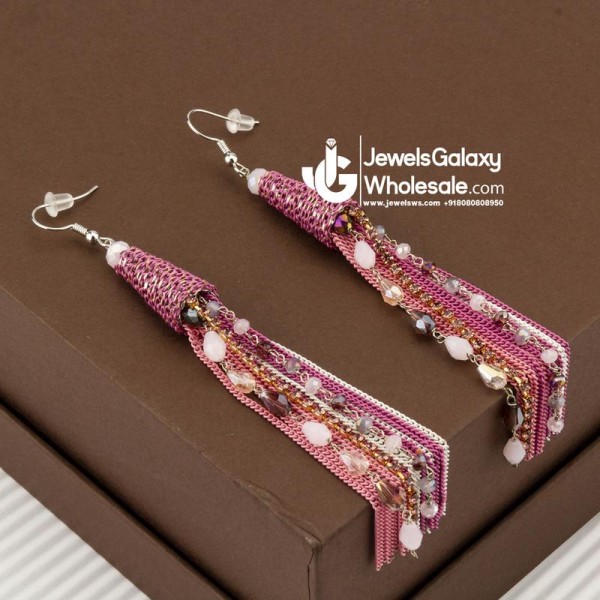 Pink Silver-Plated Beaded & Tasselled Handcrafted Contemporary Drop Earrings