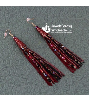 Maroon Gold-Plated Handcrafted Tasselled Drop Earrings