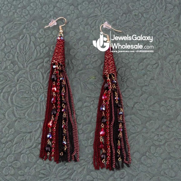 Maroon Gold-Plated Handcrafted Tasselled Drop Earrings