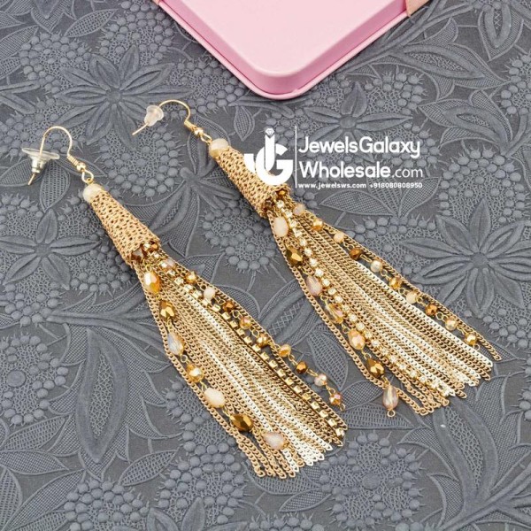 Beige Gold-Plated Beaded Tasselled Handcrafted Drop Earrings