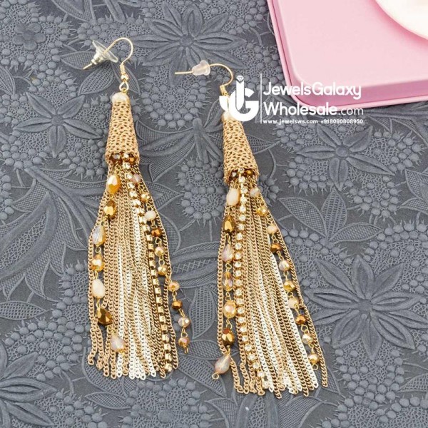 Beige Gold-Plated Beaded Tasselled Handcrafted Drop Earrings