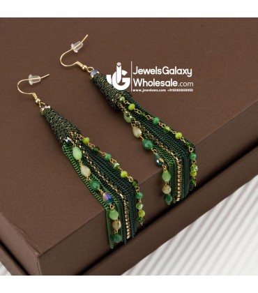 Green & Gold-Toned Handcrafted Tasseled Contemporary Drop Earrings