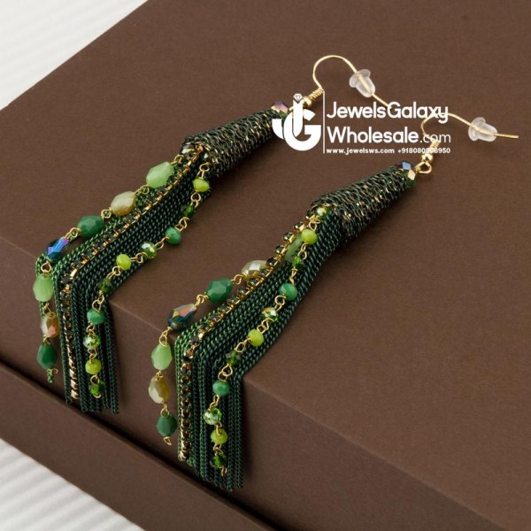 Green & Gold-Toned Handcrafted Tasseled Contemporary Drop Earrings