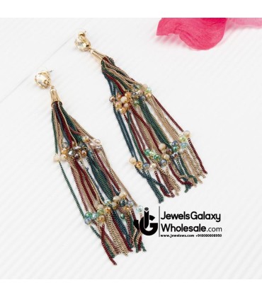 Multicoloured Gold-Plated Tasselled Handcrafted Contemporary Drop Earrings