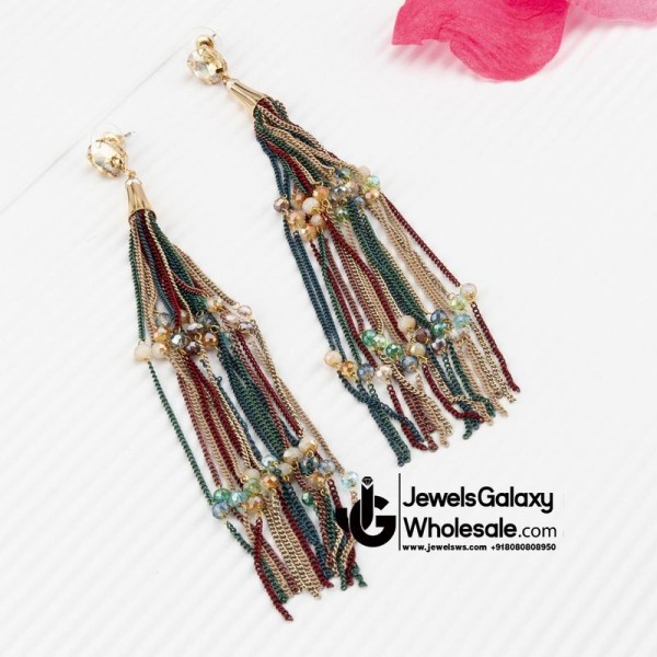 Multicoloured Gold-Plated Tasselled Handcrafted Contemporary Drop Earrings