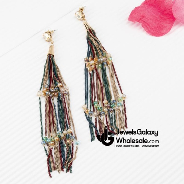 Multicoloured Gold-Plated Tasselled Handcrafted Contemporary Drop Earrings