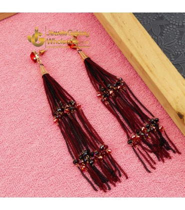 Maroon & Black Gold-Plated Handcrafted Tasselled Drop Earrings