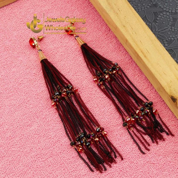 Maroon & Black Gold-Plated Handcrafted Tasselled Drop Earrings