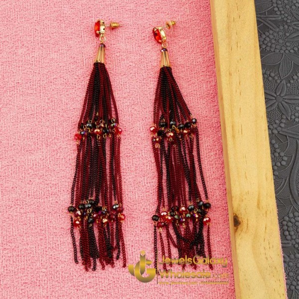 Maroon & Black Gold-Plated Handcrafted Tasselled Drop Earrings