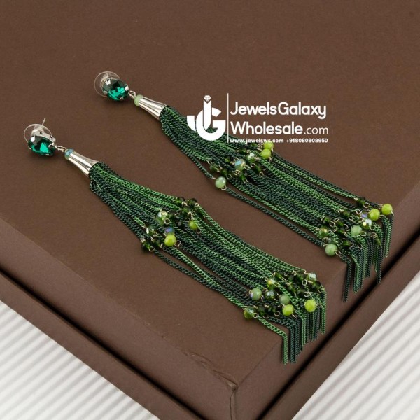 Green Silver-Plated Tasselled Handcrafted Drop Earrings