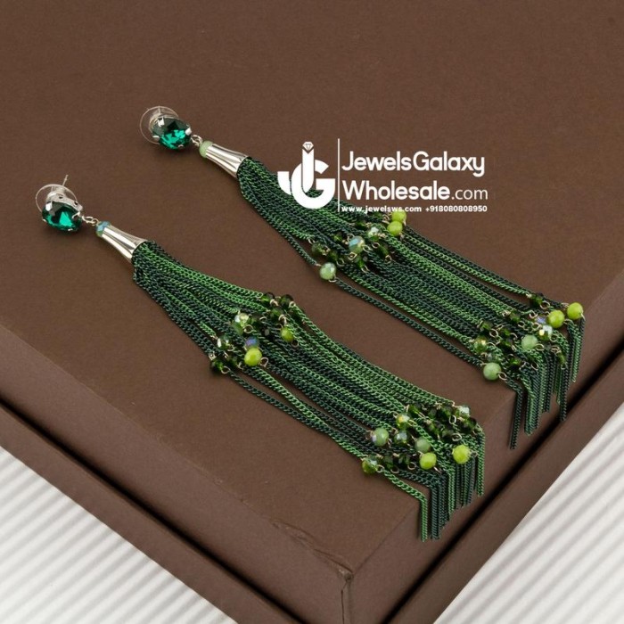 Green Silver-Plated Tasselled Handcrafted Drop Earrings