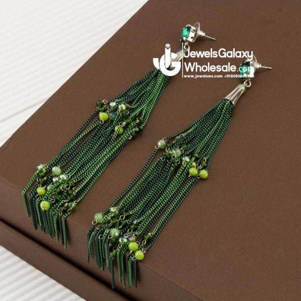 Green Silver-Plated Tasselled Handcrafted Drop Earrings