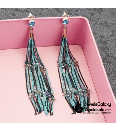 Blue Silver-Plated Tasselled Handcrafted Contemporary Drop Earrings