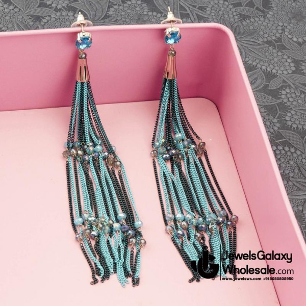 Blue Silver-Plated Tasselled Handcrafted Contemporary Drop Earrings