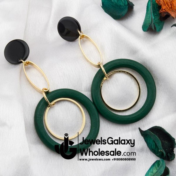 Gold Plated Green Geometrical Drop Earrings