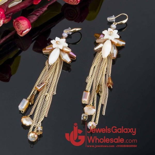 Gold Plated Contemporary Peach Floral Chain Tassel Earrings