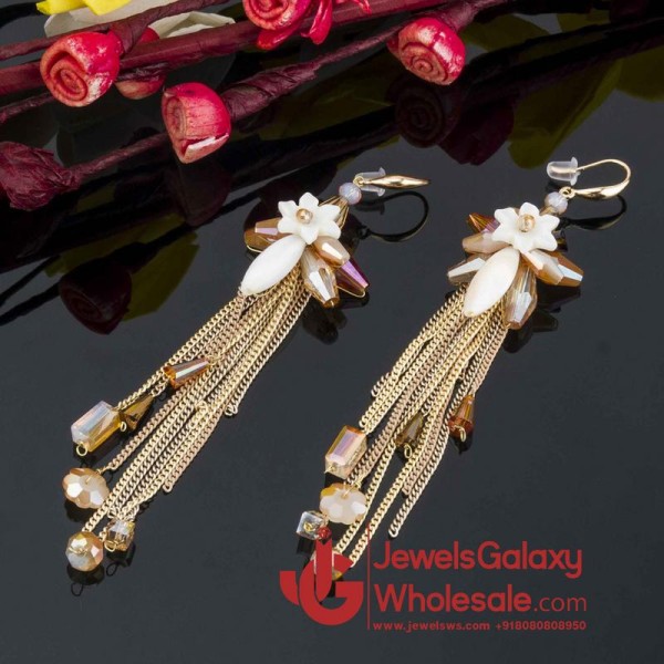 Gold Plated Contemporary Peach Floral Chain Tassel Earrings