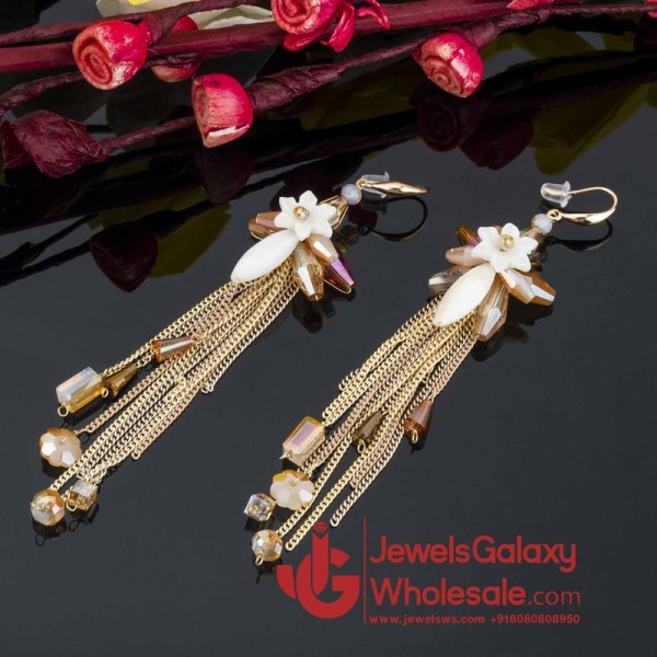 Gold Plated Contemporary Peach Floral Chain Tassel Earrings