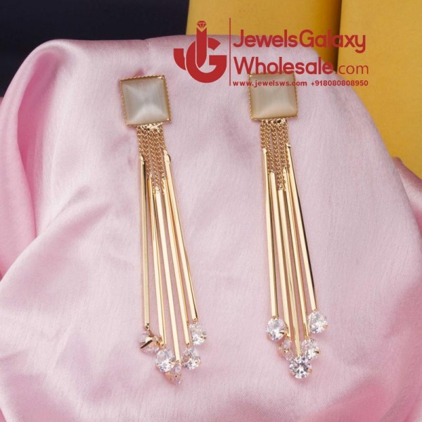 Rose Gold Plated Grey Crystal Chain Tassel Earrings 9562