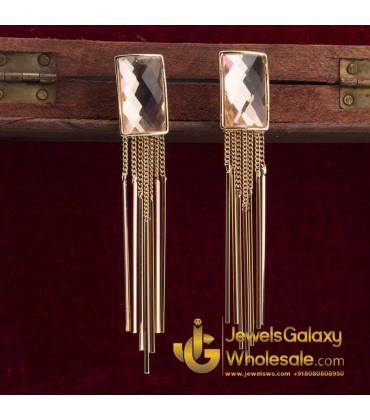 Rose Gold Plated Beige Crystal Chain Tassel Earrings