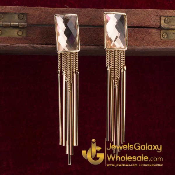 Rose Gold Plated Beige Crystal Chain Tassel Earrings