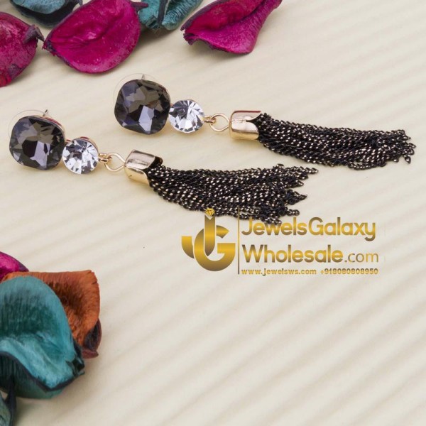 Copper Plated Black American Diamond Tassel Earrings