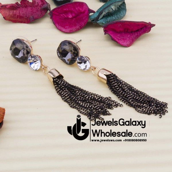 Copper Plated Black American Diamond Tassel Earrings