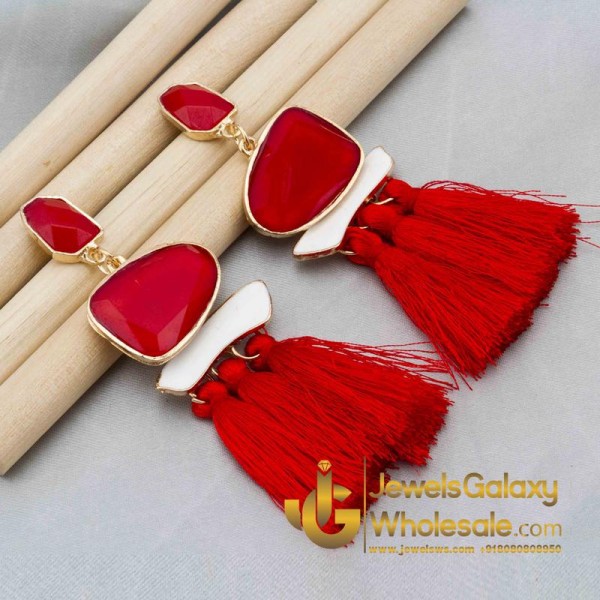 Gold Plated Onyx Red Tassel Earrings