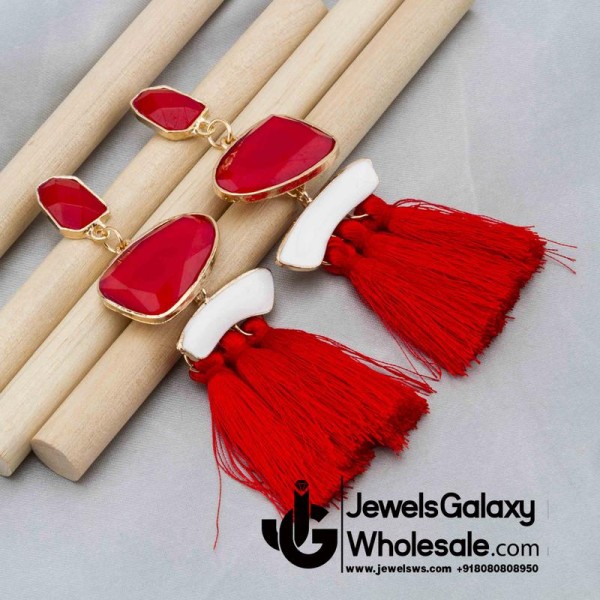 Gold Plated Onyx Red Tassel Earrings